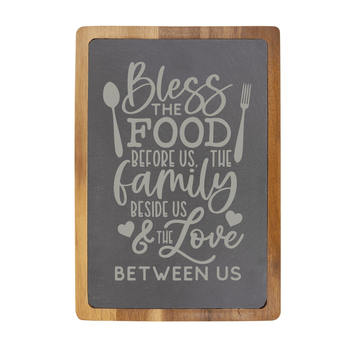 Bless the Food Before Us Engraved Acacia Wood & Slate Cutting Board