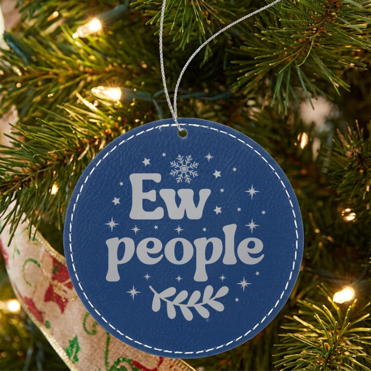 Blue leatherette Christmas ornament engraved with Ew People