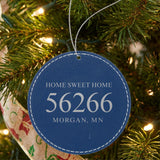 Blue leatherette Christmas ornament laser engraved with the Home Sweet Home City zip code design