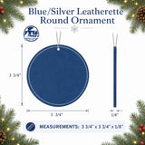 Size guide: blue leatherette round ornament, 3 3/4" across and 1/8" thick, with a hanging cord