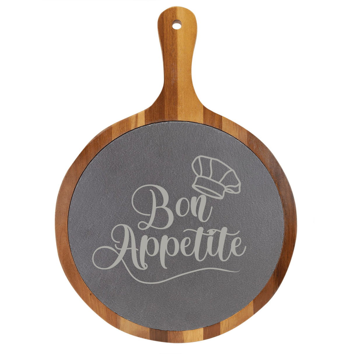 Laser Engraved "Bon Appétit" Round Acacia Wood & Slate Cutting/Serving Board with Handle