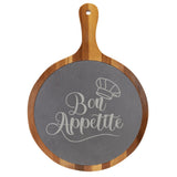 Laser Engraved "Bon Appétit" Round Acacia Wood & Slate Cutting/Serving Board with Handle