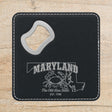 Black leatherette bottle opener coaster laser engraved with a Maryland design of a blue crab on the Chesapeake