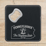 Black leatherette bottle opener coaster laser engraved with a Pennsylvania design of the Liberty Bell