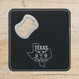 Black leatherette bottle opener coaster laser engraved with a Texas design of a longhorn skull, cactus and a lone star