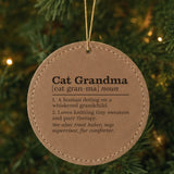Brown leatherette Christmas ornament engraved with the Cat Grandma definition