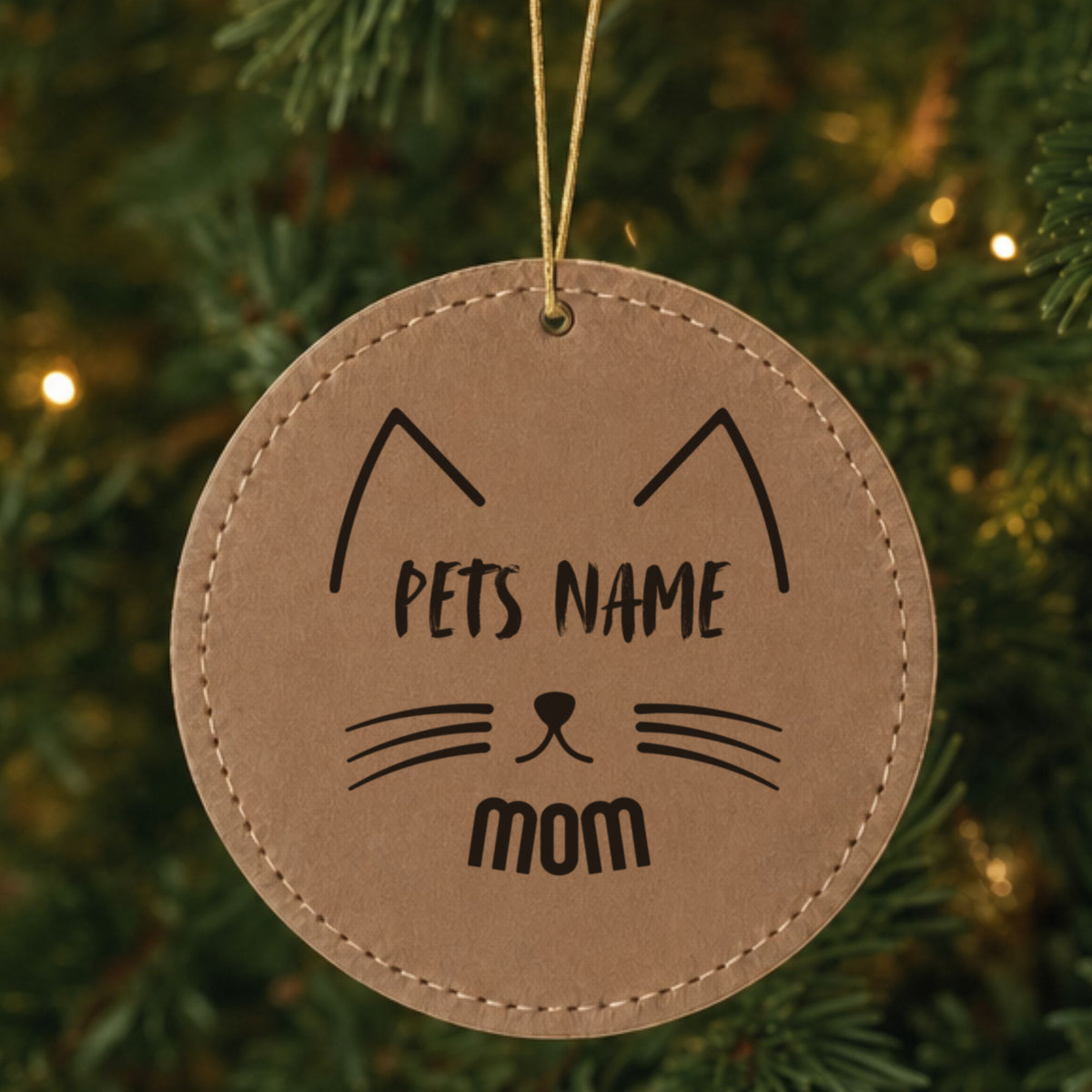 Brown leatherette Christmas ornament engraved with the Cat Mom design
