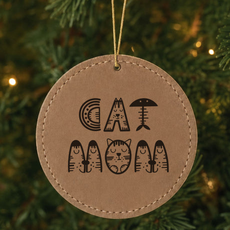 Brown leatherette Christmas ornament engraved with Cat Mom, Illustrated design