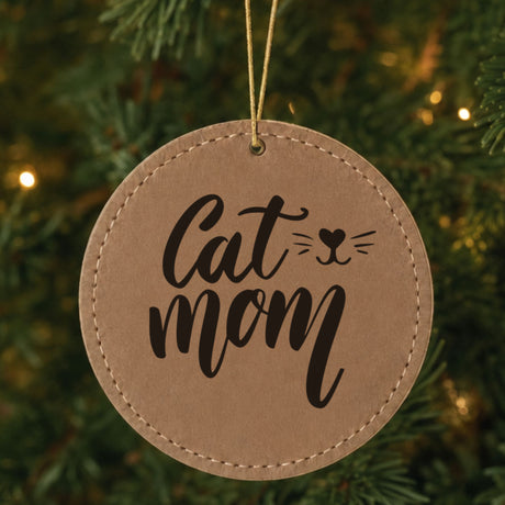 Brown leatherette Christmas ornament engraved with Cat Mom, Whiskers design