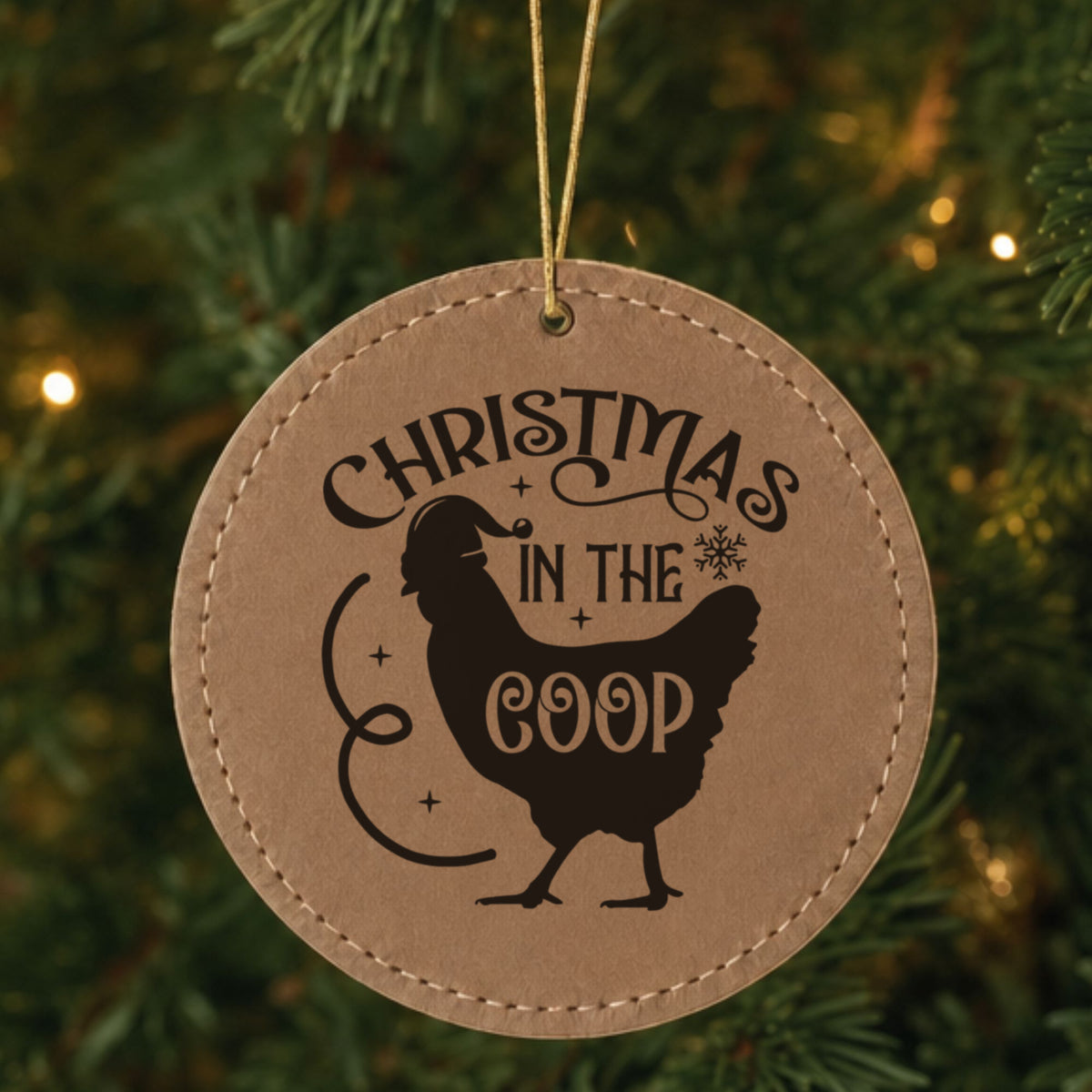 Brown leatherette Christmas ornament engraved with Christmas in the Coop
