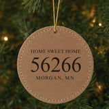 Brown leatherette Christmas ornament laser engraved with the Home Sweet Home City zip code design