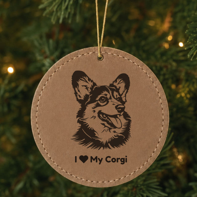 Brown leatherette Christmas ornament engraved with a Corgi design
