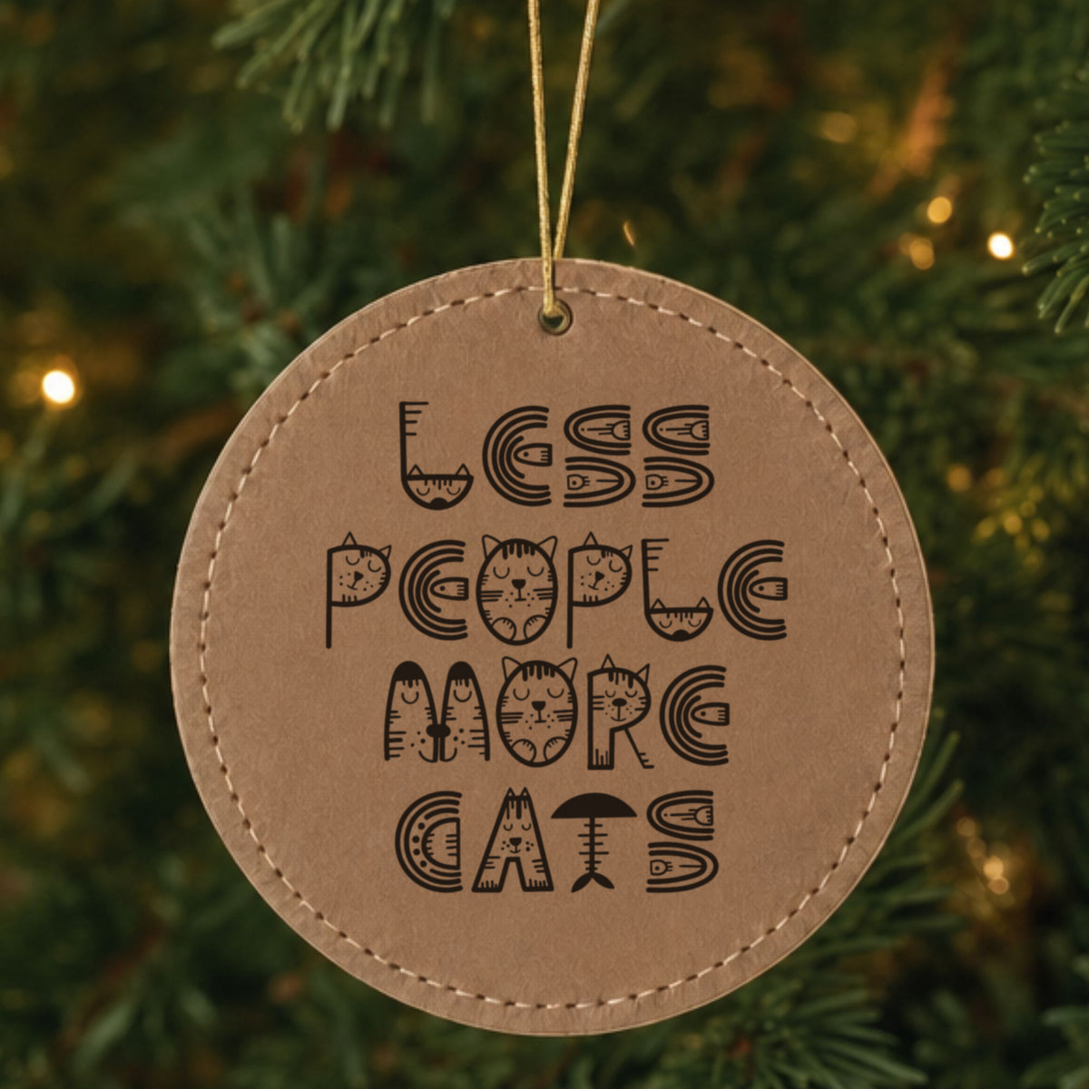 Brown leatherette Christmas ornament engraved with Less People, More Cats, Retro design