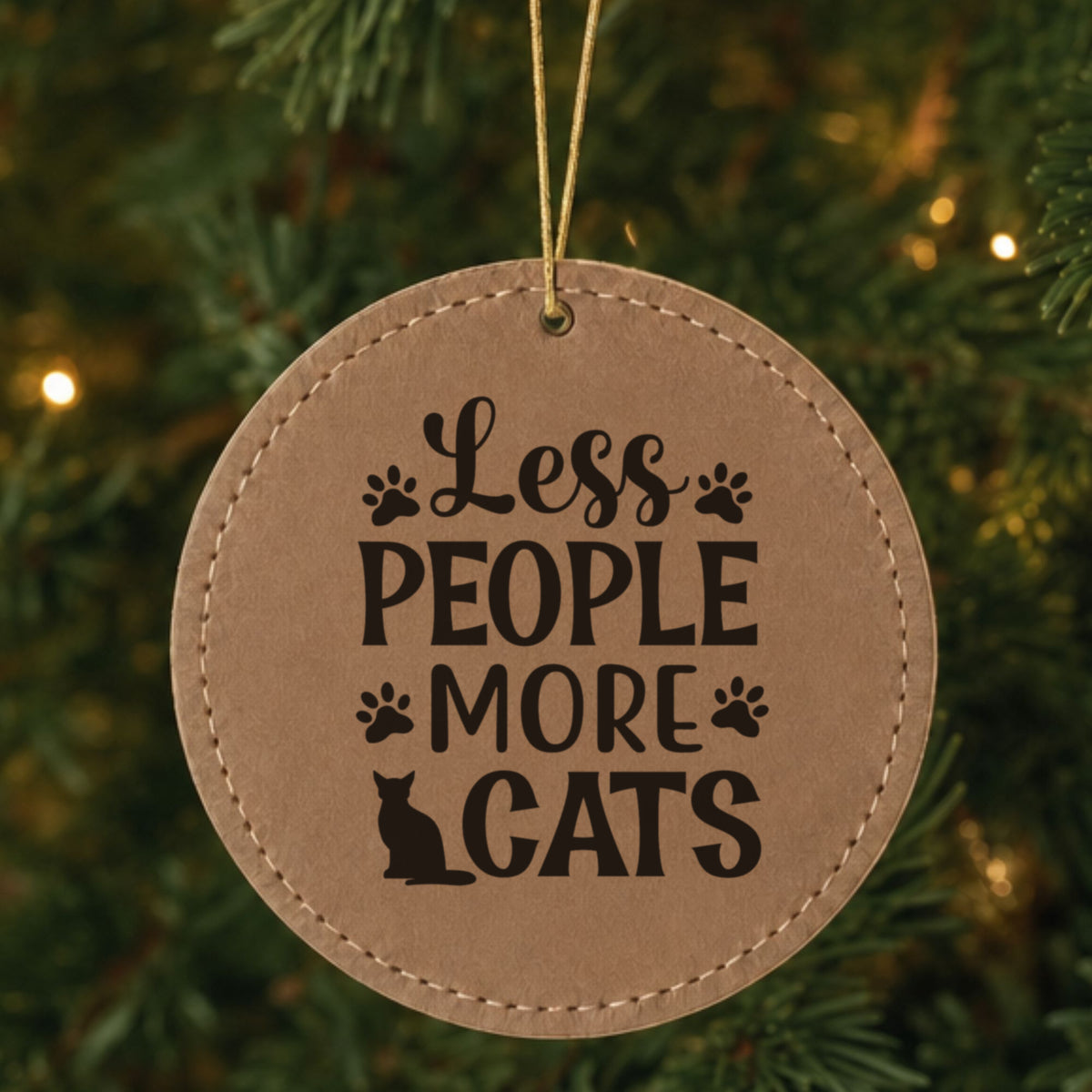 Brown leatherette Christmas ornament engraved with Less People, More Cats, Classic design