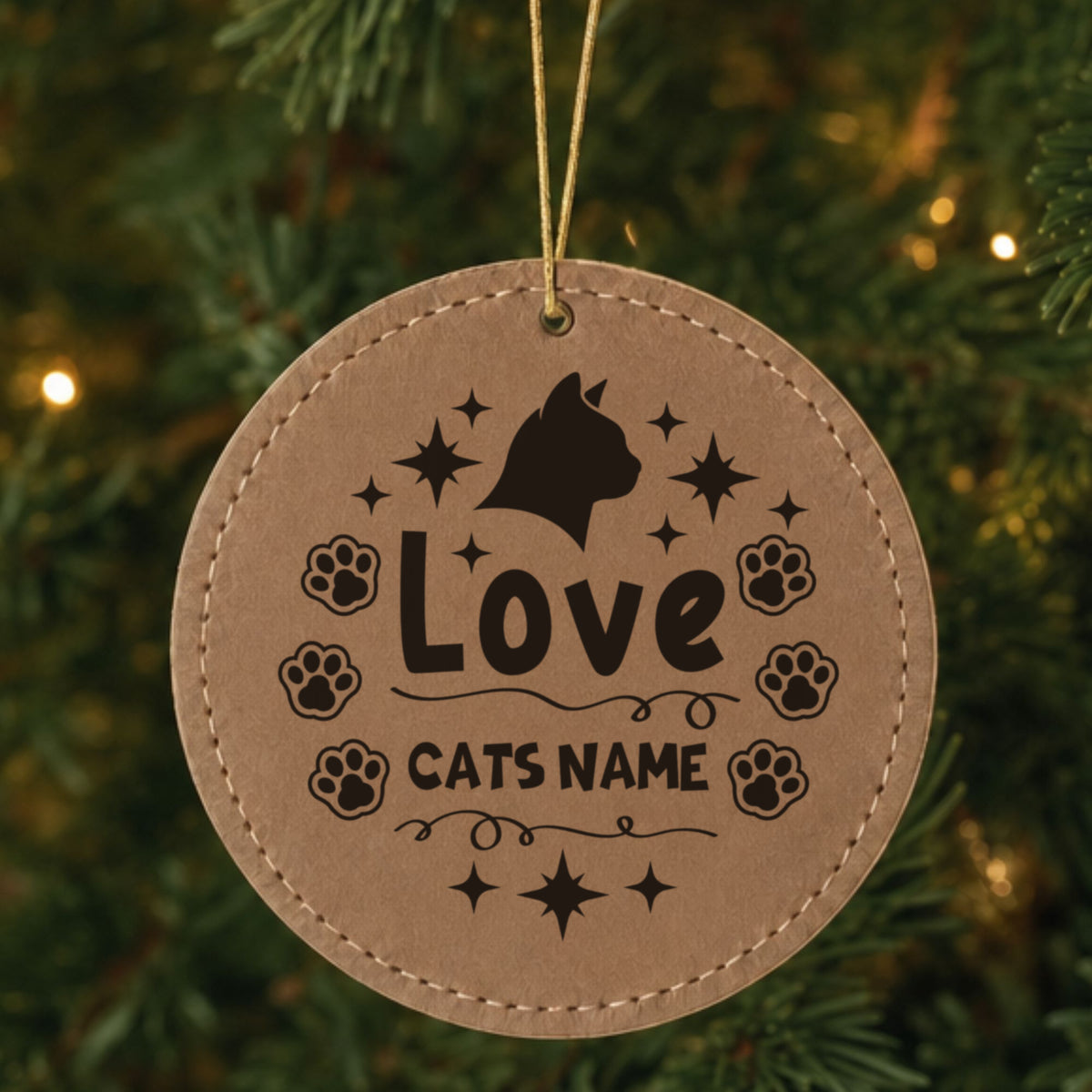 Brown leatherette Christmas ornament engraved with the Love cat design