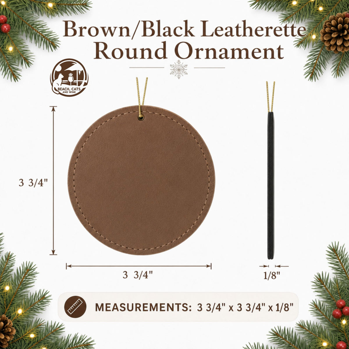 Size guide: brown leatherette round ornament, 3 3/4" across and 1/8" thick, with a hanging cord