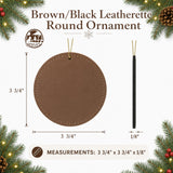 Size guide: brown leatherette round ornament, 3 3/4" across and 1/8" thick, with a hanging cord