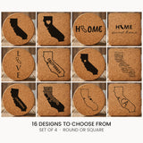 California cork coaster set, laser engraved natural cork