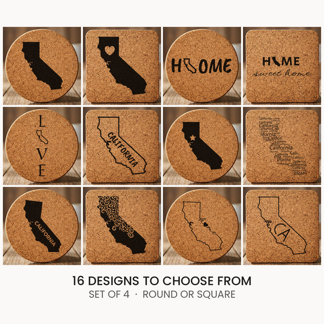 California cork coaster set, laser engraved natural cork