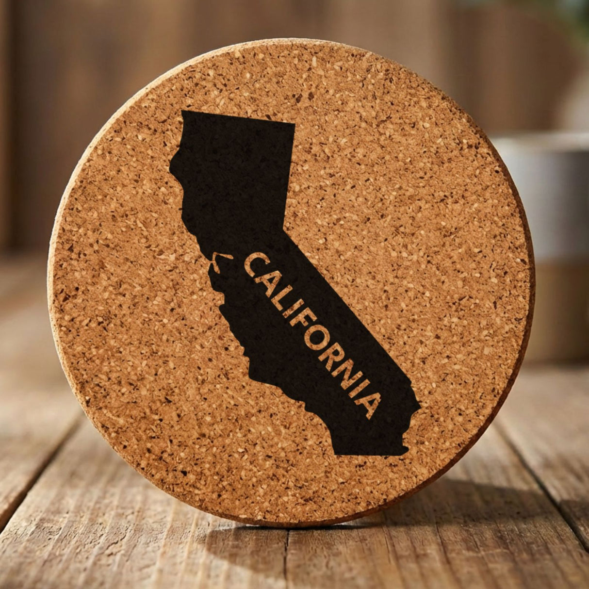 California round cork coaster engraved with the state shape and CALIFORNIA in bold lettering