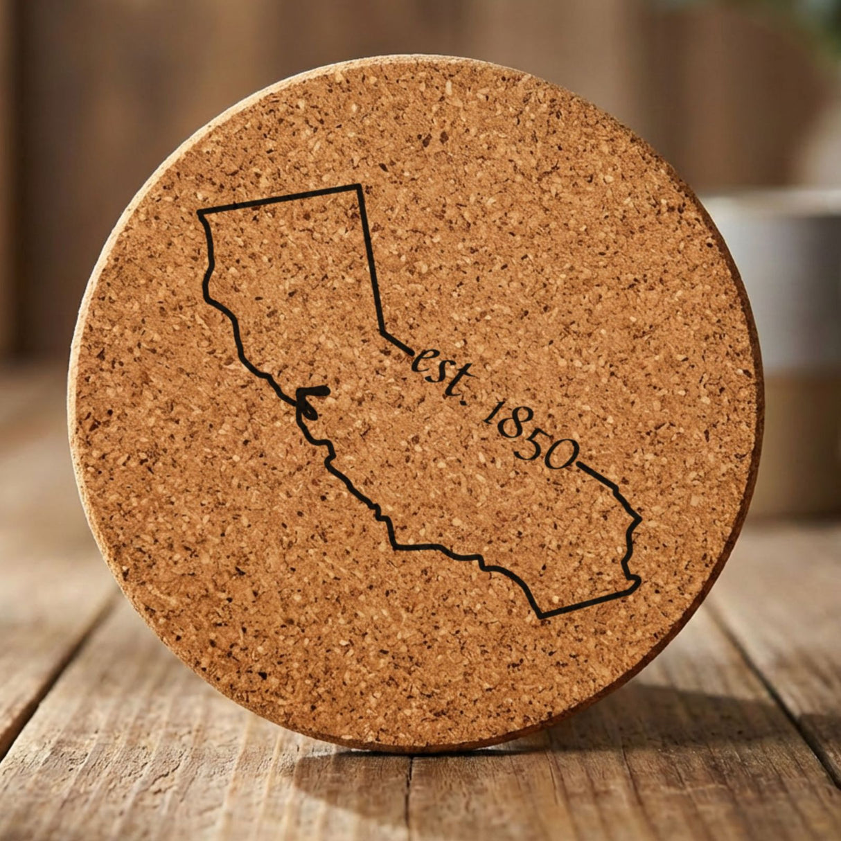 California round cork coaster engraved with the state outline and est. 1850