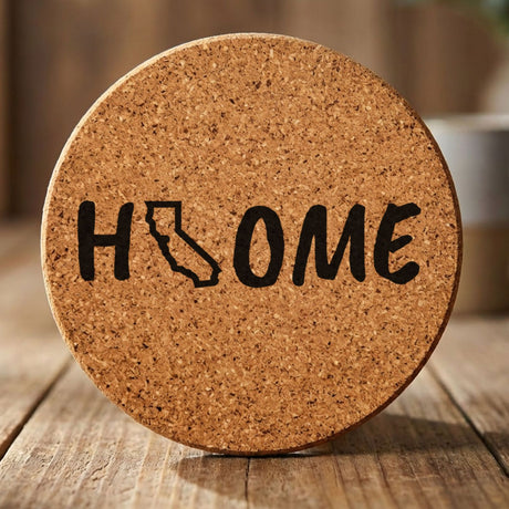 California round cork coaster engraved with HOME using the state outline as the letter O