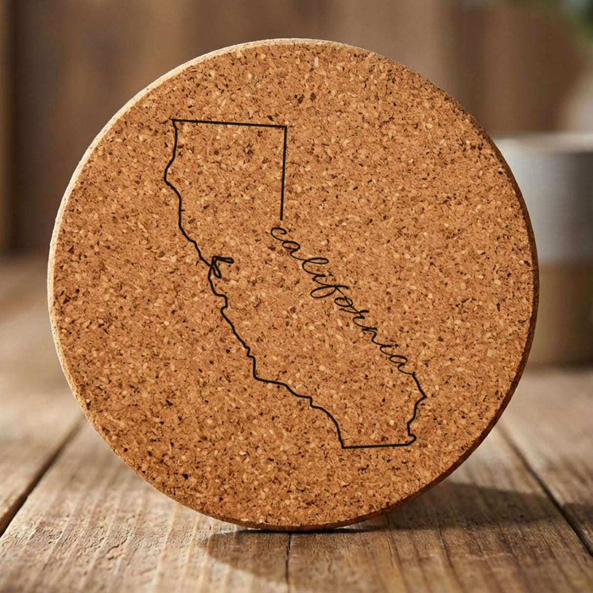 California round cork coaster engraved with the state outline and California in script lettering