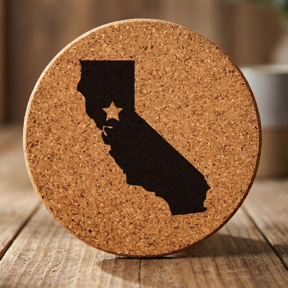 California round cork coaster engraved with the state shape and a star