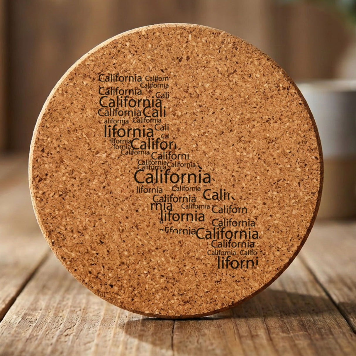 California round cork coaster engraved with a word cloud of repeating California text