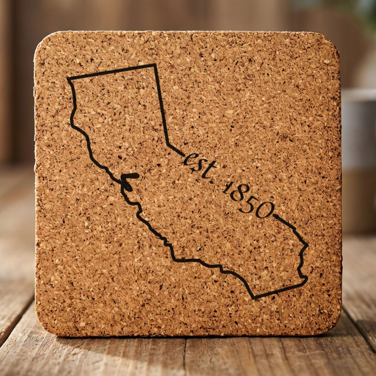 California square cork coaster engraved with the state outline and est. 1850