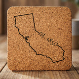 California square cork coaster engraved with the state outline and est. 1850