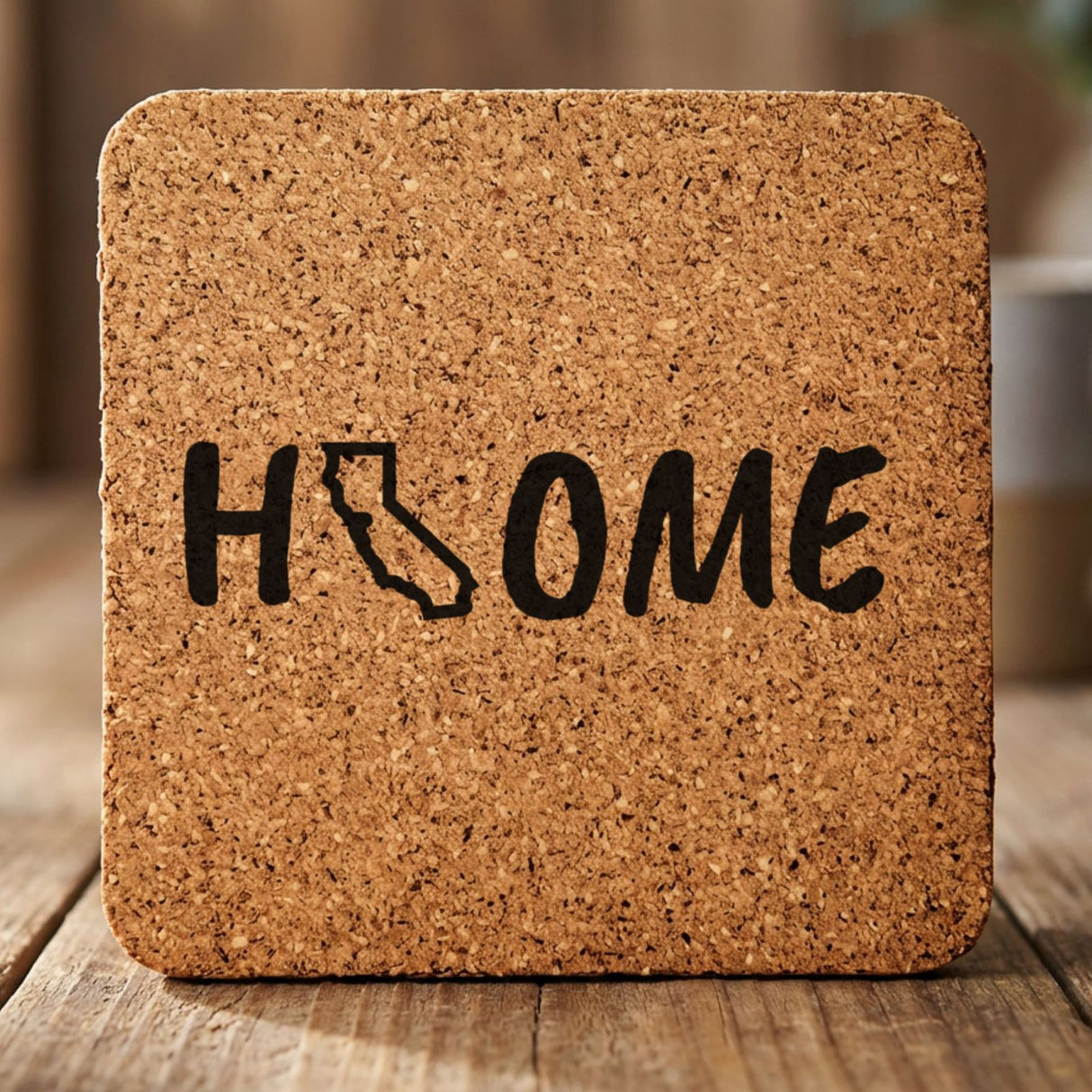 California square cork coaster engraved with HOME using the state outline as the letter O