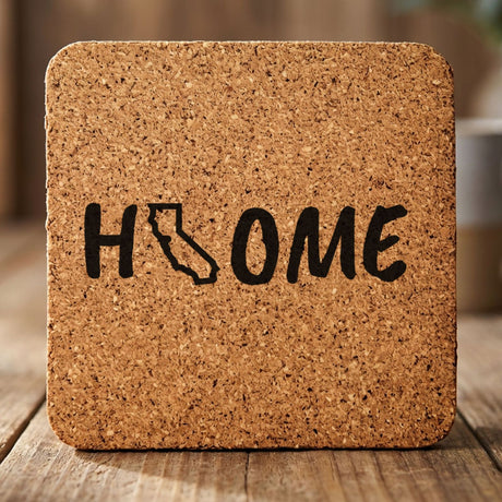 California square cork coaster engraved with HOME using the state outline as the letter O