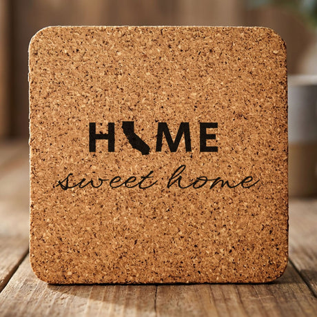California square cork coaster engraved with HOME sweet home using the state shape as the letter O