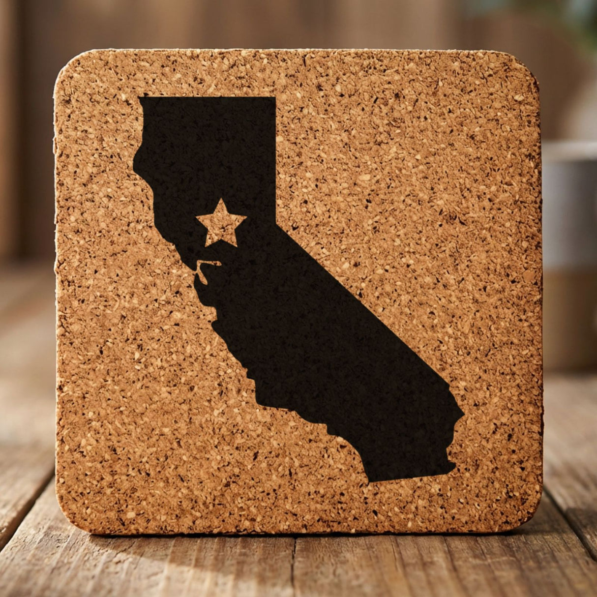California square cork coaster engraved with the state shape and a star