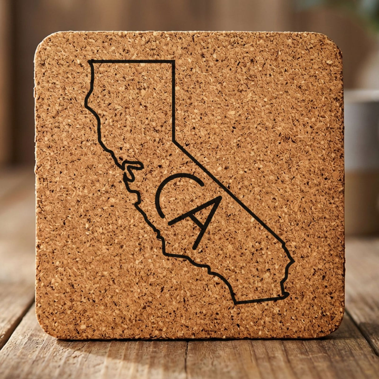 California square cork coaster engraved with the state outline and CA initials