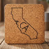 California square cork coaster engraved with the state outline and CA initials