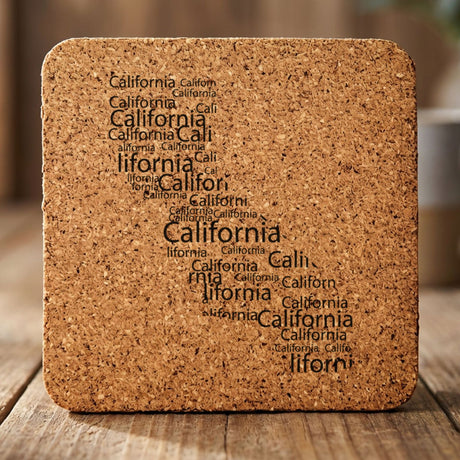 California square cork coaster engraved with a word cloud of repeating California text