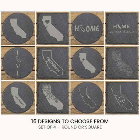 California slate coaster set, laser engraved natural stone