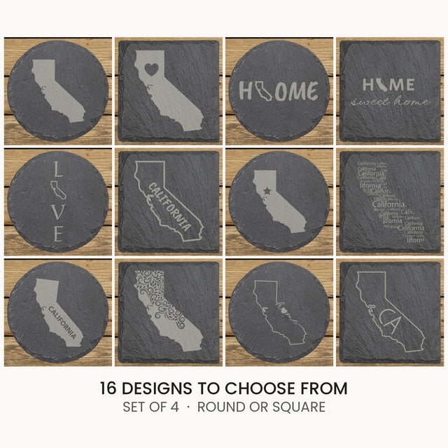 California slate coaster set, laser engraved natural stone