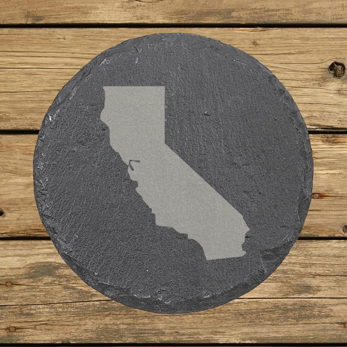California round slate coaster with the full state shape engraved
