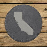 California round slate coaster with the full state shape engraved
