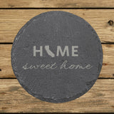 California round slate coaster engraved with HOME sweet home using the state shape as the letter O