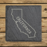 California square slate coaster engraved with the state outline and CALIFORNIA in hand-drawn brush lettering