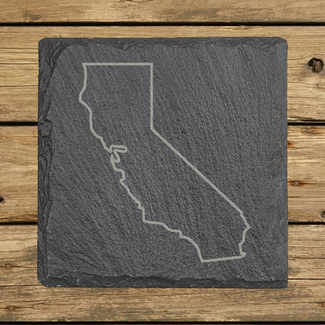 California square slate coaster engraved with a clean state outline