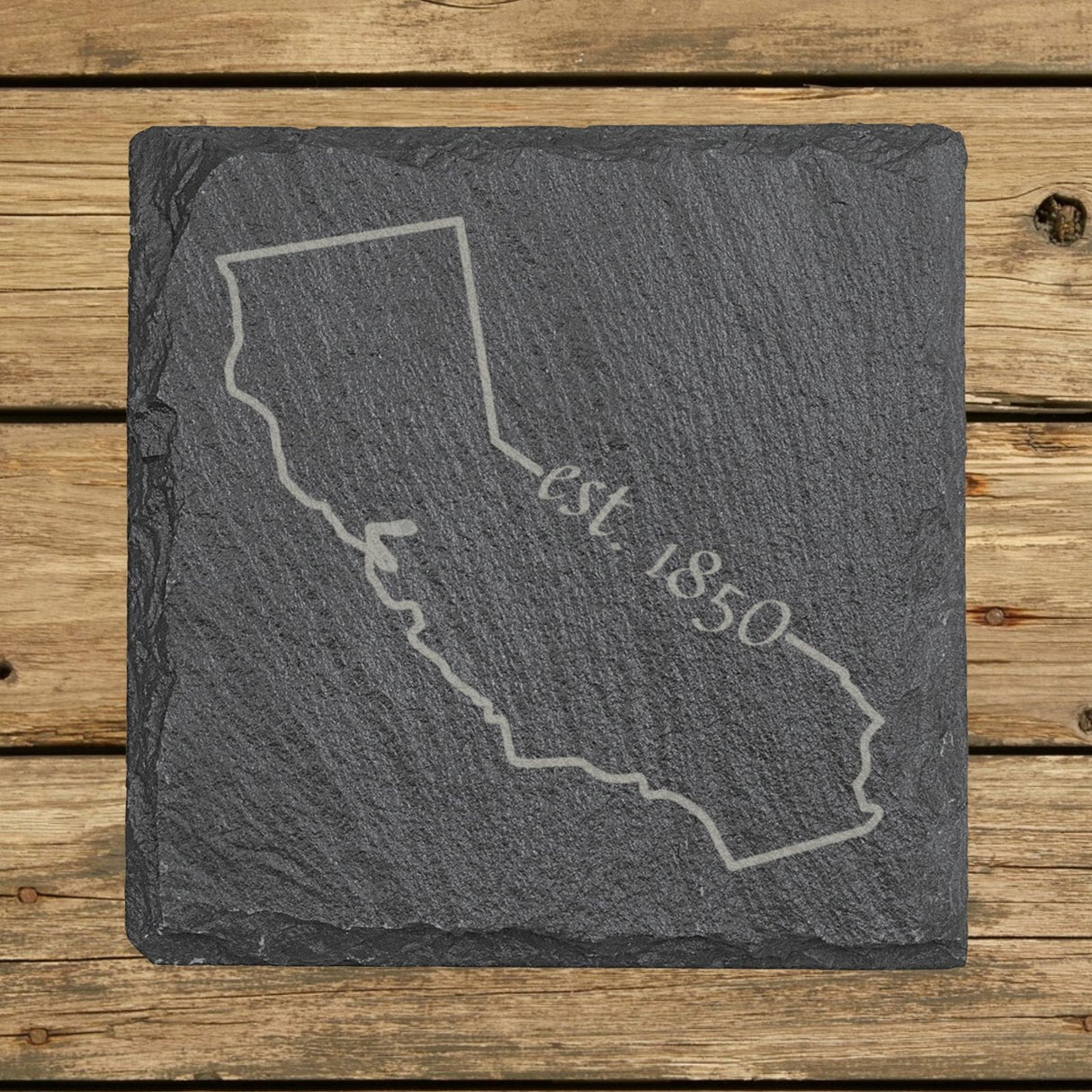 California square slate coaster engraved with the state outline and est. 1850