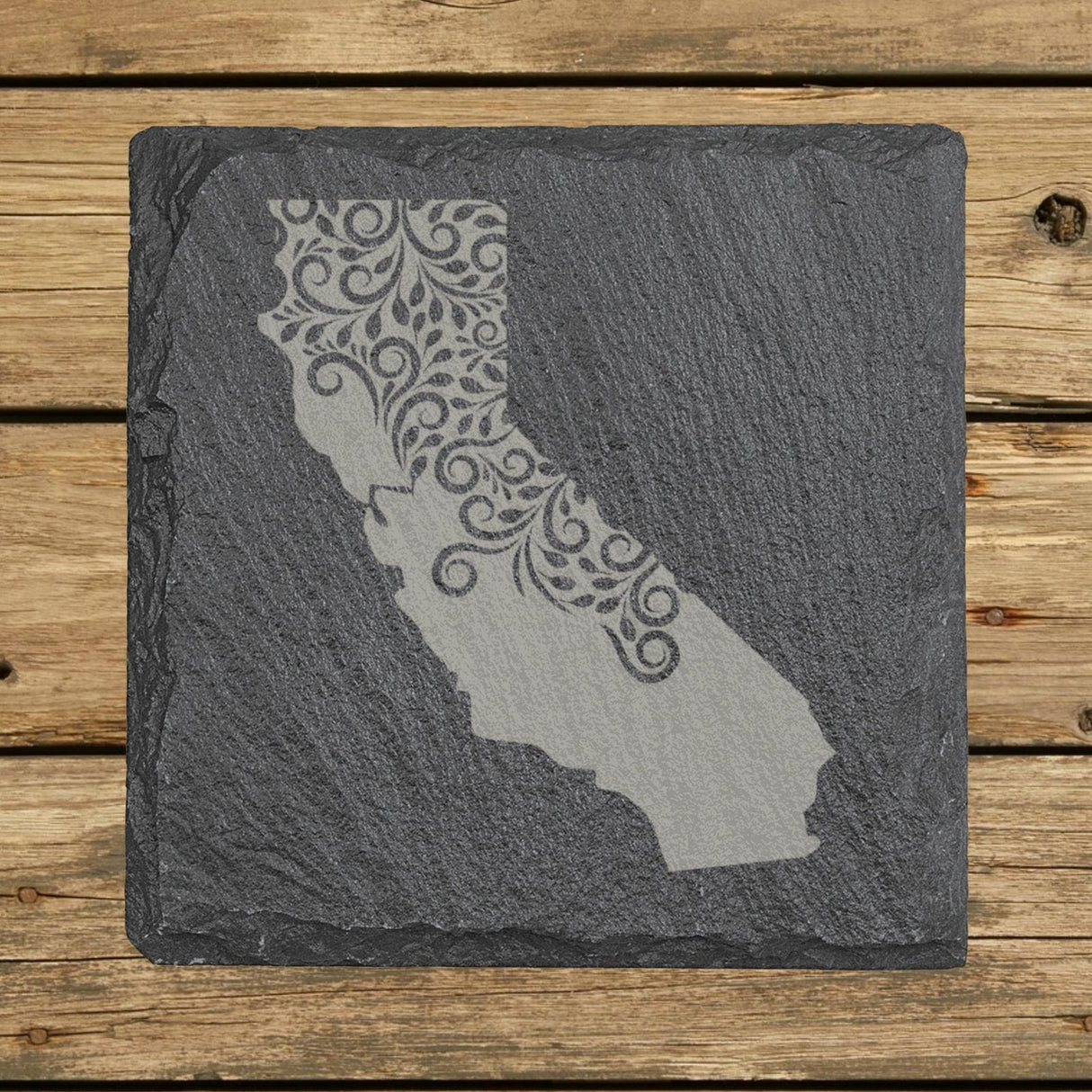 California square slate coaster engraved with the state shape in ornate floral scrollwork