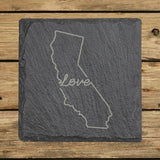 California square slate coaster engraved with a hand-drawn state outline and love in cursive