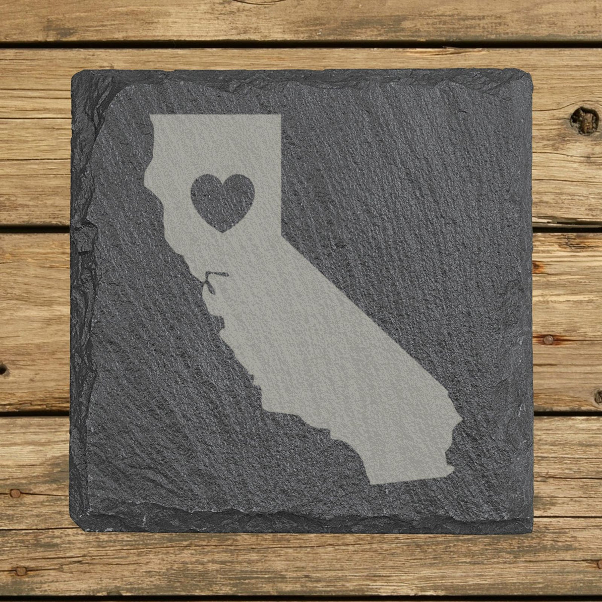 California square slate coaster engraved with the state shape and a heart