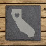 California square slate coaster engraved with the state shape and a heart